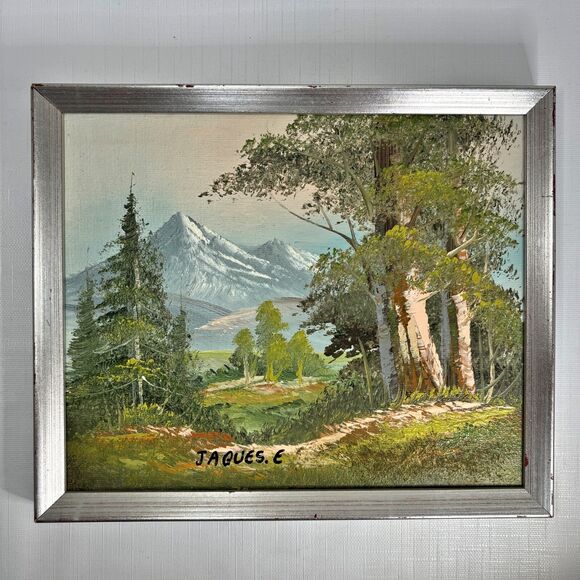 Vintage Mountain Landscape Oil Painting Singed Jaques E Framed 9x11 Traditional